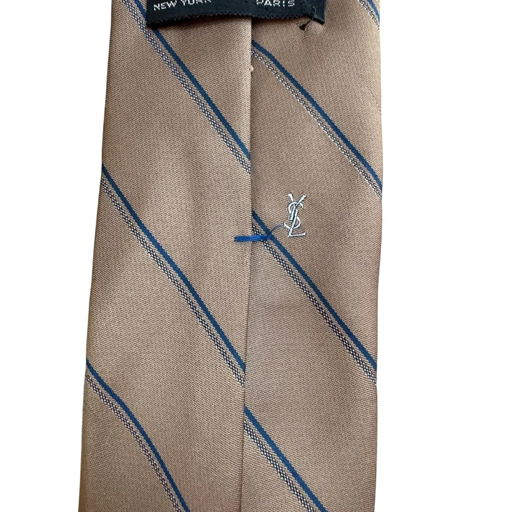 Yves Saint Laurent YSL Mens Vintage Silk Tie Tan Blue Striped Designer Necktie